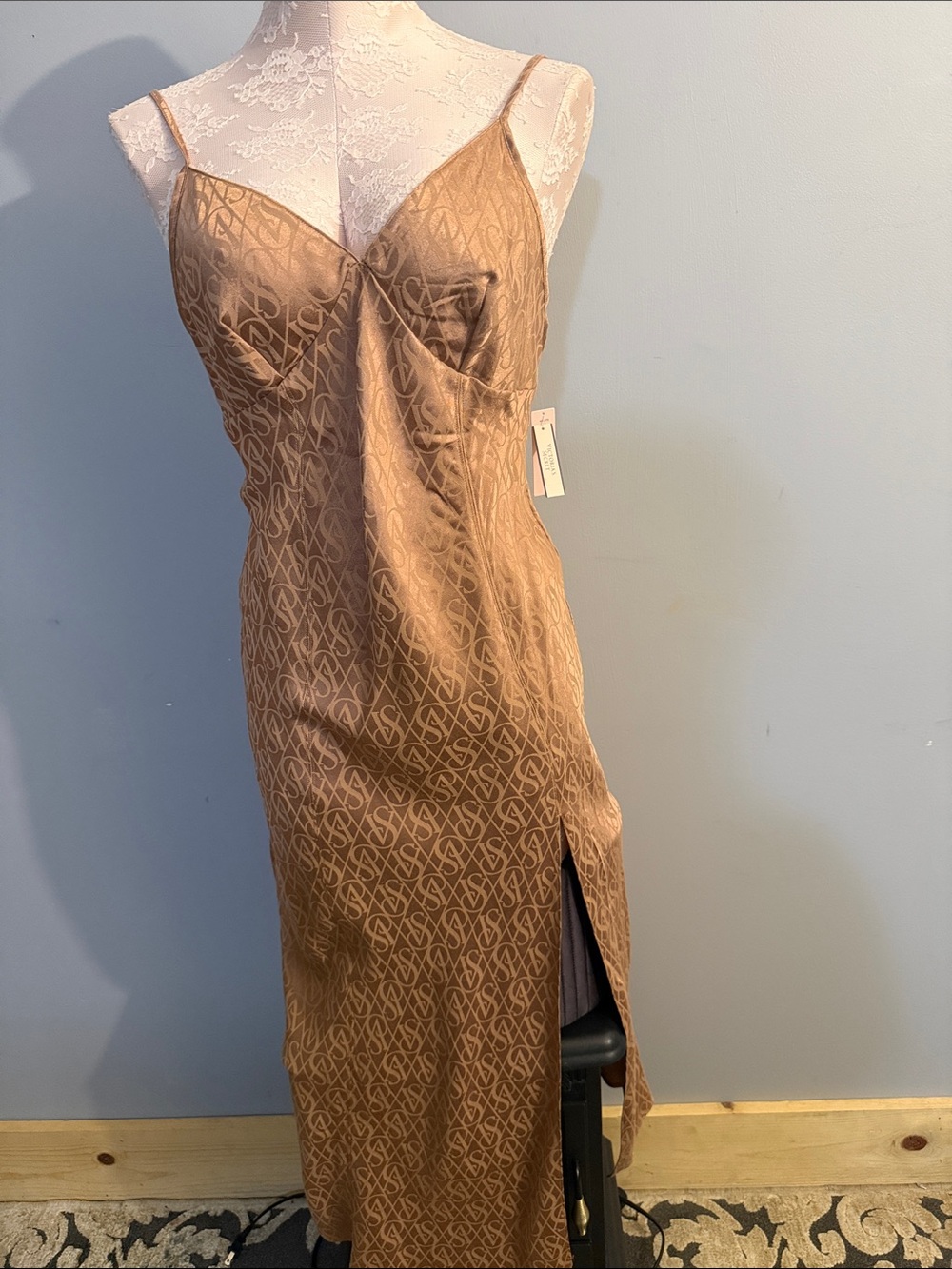 Victoria's Secret Camel Slip Midi Dress with Monogram